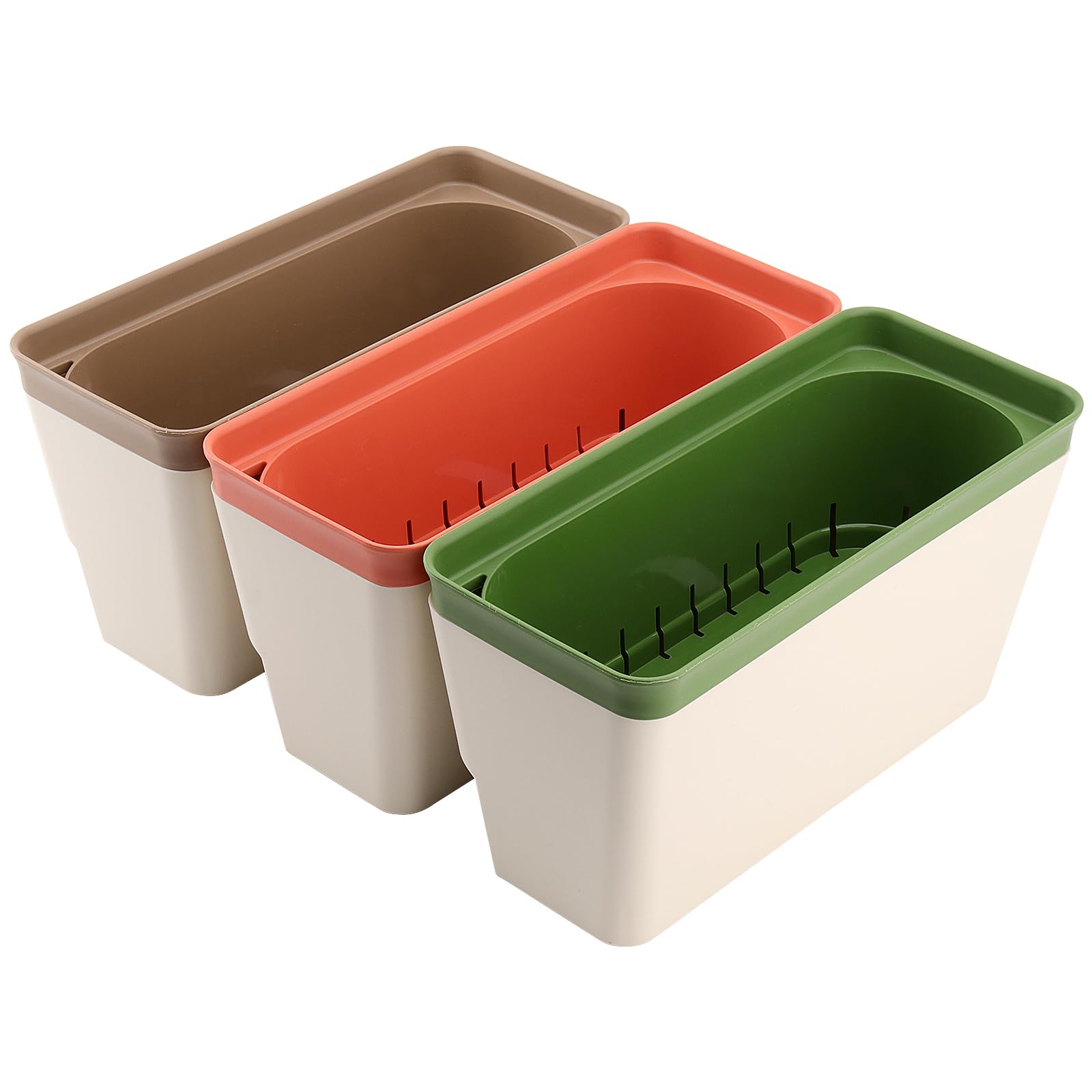 MAHIONG 3PCS Windowsill Herb Planter Box, Green, Orange, Brown Rectangle Herb Planter Indoor with Drainage Hole and Water Absorbent Strips, Self Double Layer Watering Plant Pots for Garden