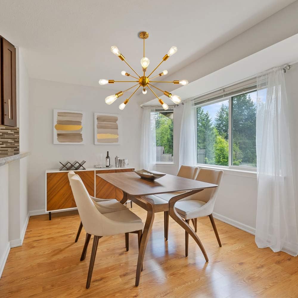 LynPon Sputnik Chandelier 12 Lights Modern Gold Brass Ceiling Light Fixture Industrial Vintage Pendant Lighting for Dining Room Kitchen Living Room Bedroom - - 