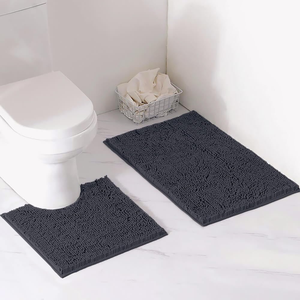 LuxUrux Bath Mat, Luxury Chenille (2-Piece) Bath Mat Set, Soft Plush Anti-Slip Bath Rug + Toilet Mat.1'' Microfiber Shaggy Carpet, Super Absorbent (Curved Set Small, Charcoal)