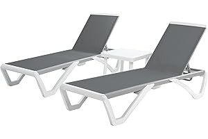 Kozyard Patio Chaise Lounge Chair - Full Flat Alumium & Resin Legs, Outdoor Reclining Adjustable Chair for Sunbathing, Beach, Patio, Lounge Set or Patio Table (2 Gray Textilence W/Table)