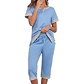 Viakeo Cotton Pajama Sets For Women Soft Sleepwear 2 Pieces Lounge Set Comfy Top And Capri Pants With Pockets S-3XL