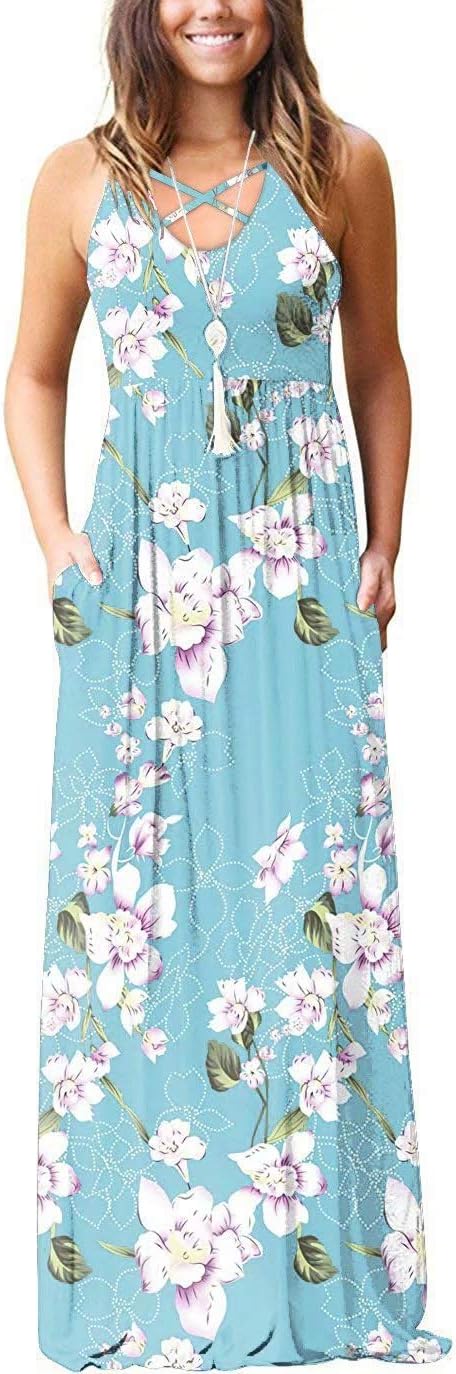Women's Sleeveless Racerback Maxi Dresses with Pockets Plain Loose Long Dresses