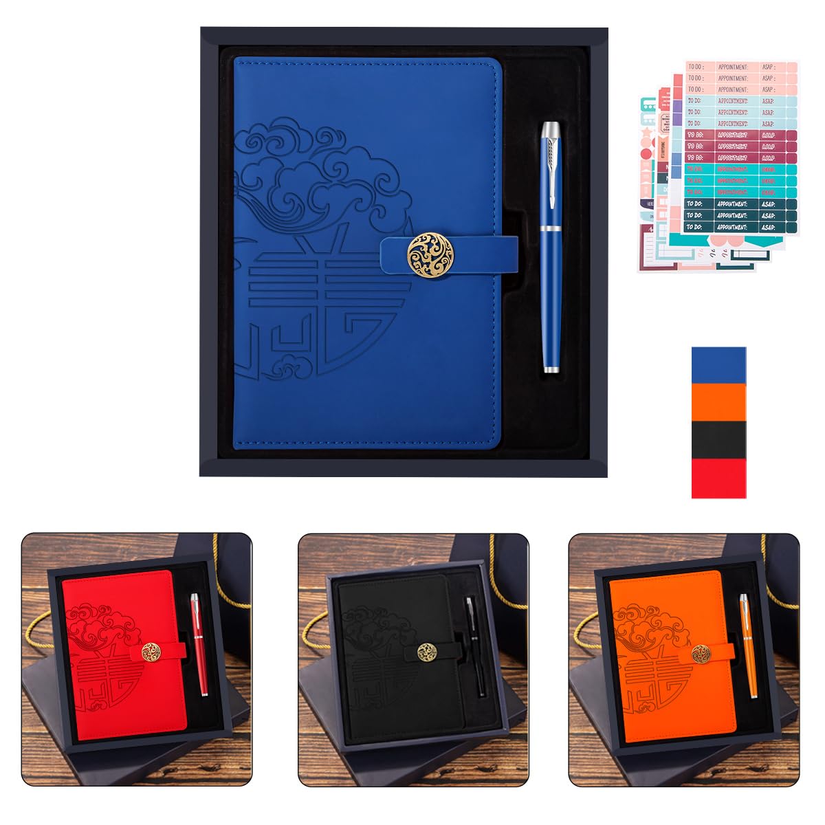 ZMHQLPDZ A5 Leather Journal Notebooks- Magnetic Buckle Notebook with Metal Pens & Gift Box & 4 sheet Label Stickers for Work, Study, Journaling (BLUE)