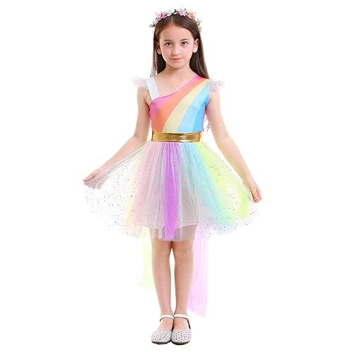 Girls Kids Unicorn Rainbow Costume Ball Gown Flower Halloween