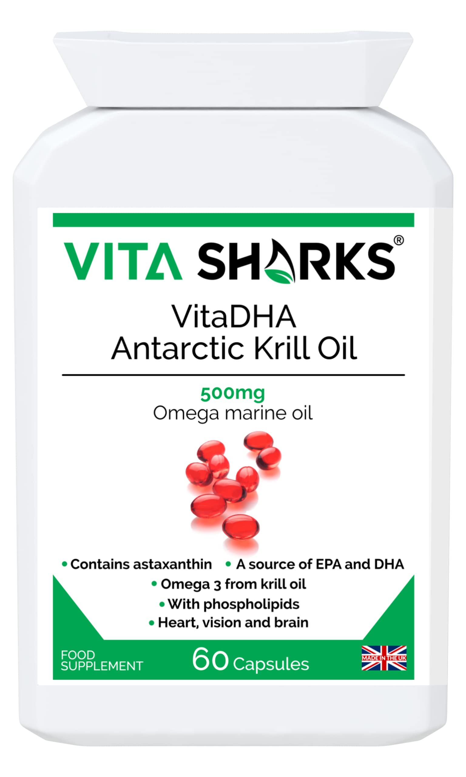 VitaDHA Antarctic Krill Oil a Potent Source of EPA, Astaxanthin & DHA for Brain Function, Heart Health, Blood, Hair, Skin, Joints, Connective Tissues & Liver | Cod Liver Oil Alternative