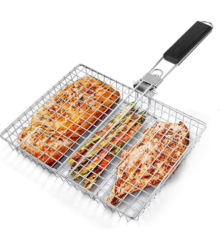 Panier Barbecue Jauhmui En Acier Inox - Grille Pliable 19x21.5cm, Poignée Bois Pour Poisson Et Légumes