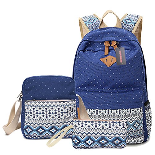 WASING Canvas Dot Backpack Cute Lightweight Teen Girls Backp