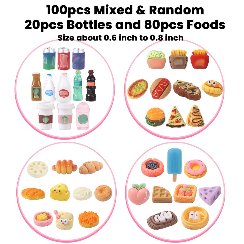100pcs Miniature Foods Drink Bottles Toys, Mixed Mini Resin Food Drinks Figures Pretend Play Kitchen Game Party Favor Toy for Dollhouse Accessories Decorations