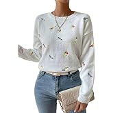 chouyatou Women's Ditsy Floral Embroidered Pullover Sweater Color Block Loose Fit Knit Jumper Tops