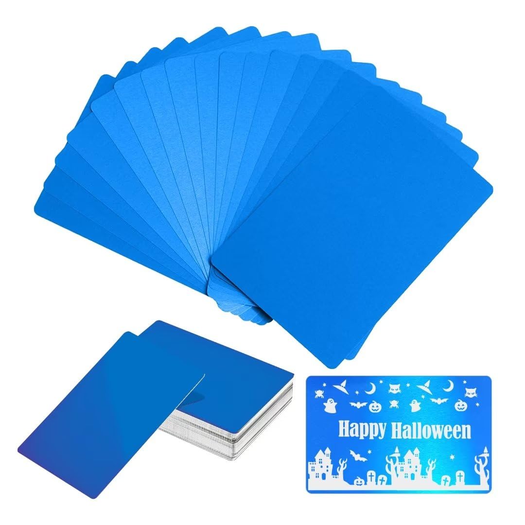 FONLAND 50pcs/Set 0.4mm Thickness Aluminum Metal Business Cards DIY Engraving Card Home Office Supplies Aluminum Blank Laser Blanks for Engraving(Blue)