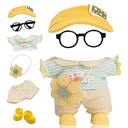 Doll Cloth for Labubu Clothes - 6 Piece Set for Labubu Outfits, Cute Chic Style Set for Dolls Includes Visor Hats/Glasses/Flower Crossbody Bag/Shoes/Tops and Pants (No Doll)