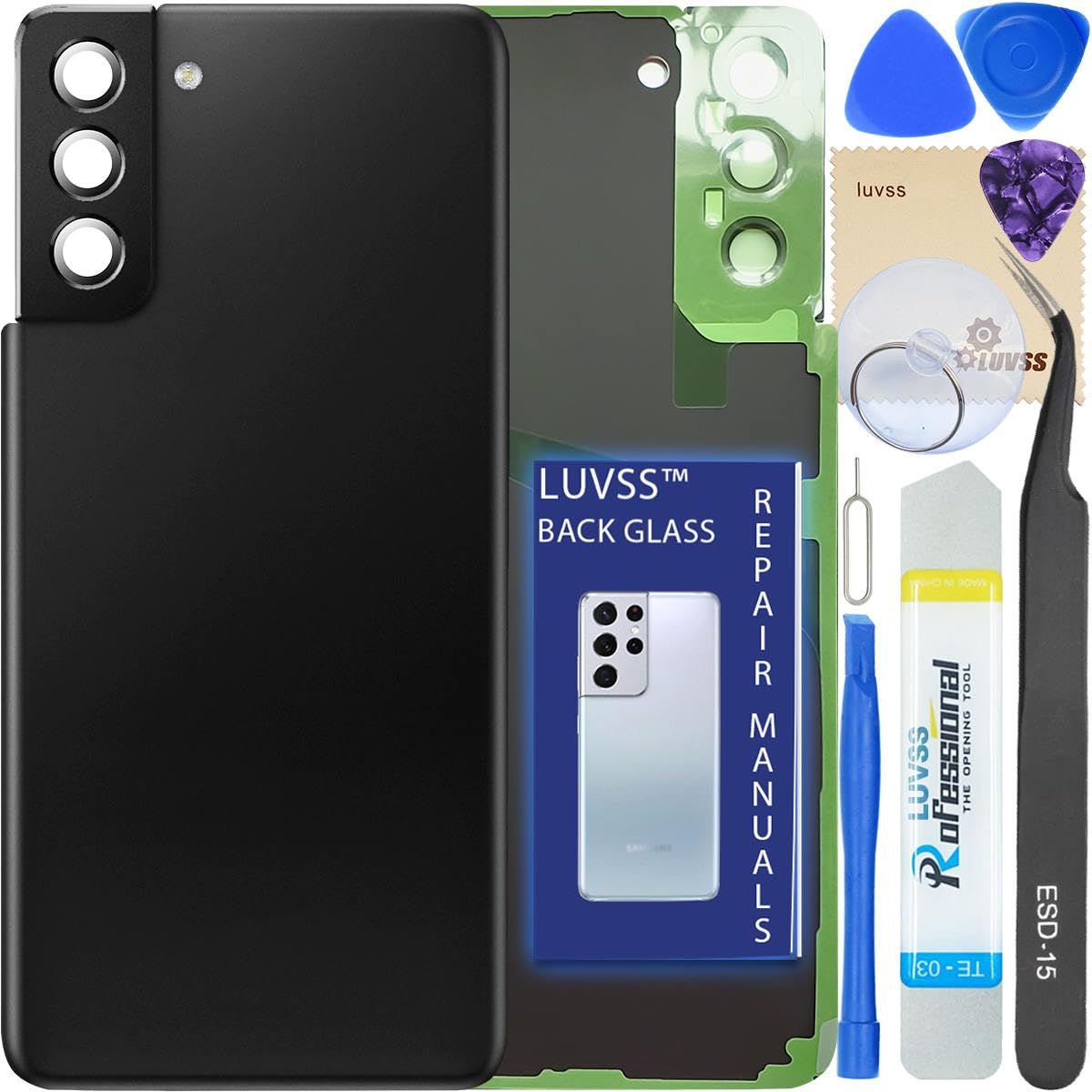 LUVSS Glass Back Cover Compatible with Samsung Galaxy S21+ Plus SM-G996B Rear Replacement + Camera Lens + Repair Manual Tools Kit -Phantom Black