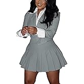 kaimimei Pleated Mini Skirt Sets Women 2 Piece Outfits Dressy Fall Cropped Blazer Skirt Suit Set Long Sleeve