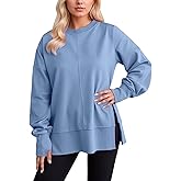 XINGJIAARTS Lightweight Sweatshirts For Women Trendy Side Slit Oversized Long Sleeve Shirts Crewneck Pullover Top Y2k Outfits