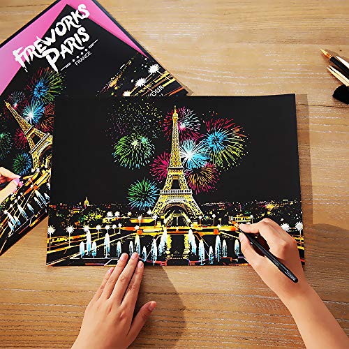 Scratch & Sketch Art Paper(16"x 11.2") for Kids & Adults, Rainbow Painting Night View Scratchboard, Painting Gift, Craft Kits : 2 Sheets Scratch Cards & Drawing Pen, Clean Brush (Paris & Louvre) - Thumbnail 2