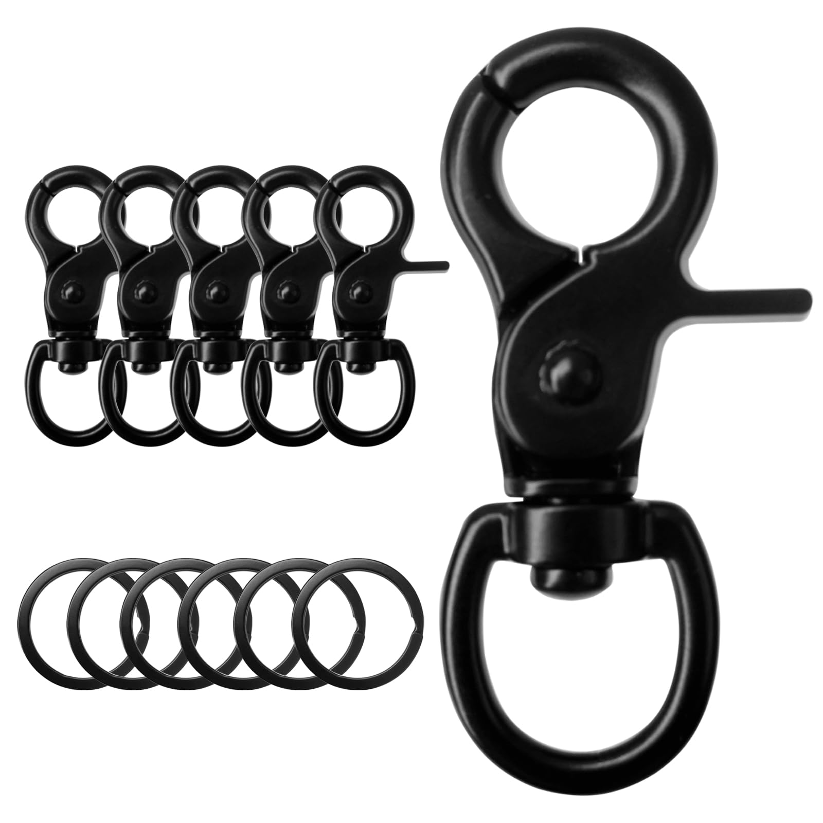 Hevysuo 6Pcs Swivel Clasps Lanyard Snap Hooks 60mm & 6Pcs Key Ring,Zinc Alloy Lobster Clasps for Linking Pet Collar Bag Strap Keys Organization,Black