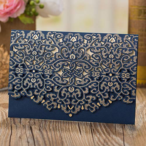 Gold Fortune 50 Packs Laser Cut Wedding Invitations with Cards Kit and Envelopes for Party Favors (YC067 Blue)