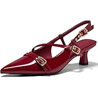Saekcted Women's Low Kitten Heel Pumps - Pointed Toe T-Strap Ankle Strap, 1.4 Inch Heels