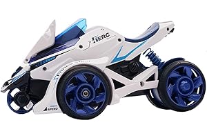 Gilumza Pull Back Motorcycle Toys, Motorcycles Launcher Toy with Music Lighting, 2 in 1 Catapult Race Trinity Chariot Gift for Boys Kids (White&Blue)