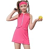 Perfashion Girls Tennis Dress Zipper Golf Athletic Outfit Drop-Waist Pickleball Built-in Bra & Shorts 4-13Y
