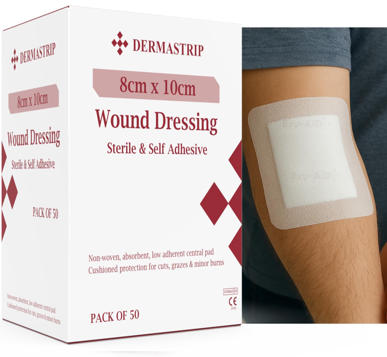 50pk - 8cm x 10cm DermaStrip Sterile, Adhesive Wound Dressings, Cushioned Protective pad, Individually Wrapped 50 per Pack