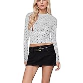 Ceputer Women Polka Dot Long Sleeve Crop Tops Slim Fit Crew Neck Casual T Shirts Fall Basic Going Out Top