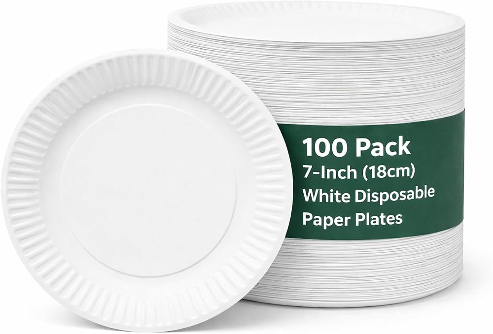 1ABOVE 7-Inch Disposable Paper Plates 100 Pack White 18 cm