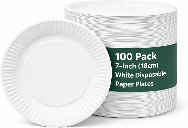 1ABOVE 7-Inch Disposable Paper Plates 100 Pack White 18 cm