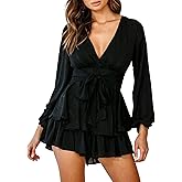 AIMCOO Women's Floral Print Deep V-Neck Romper Double Layer Ruffle Hem Jumpsuits Long Baggy Sleeves Waist Tie Short Rompers