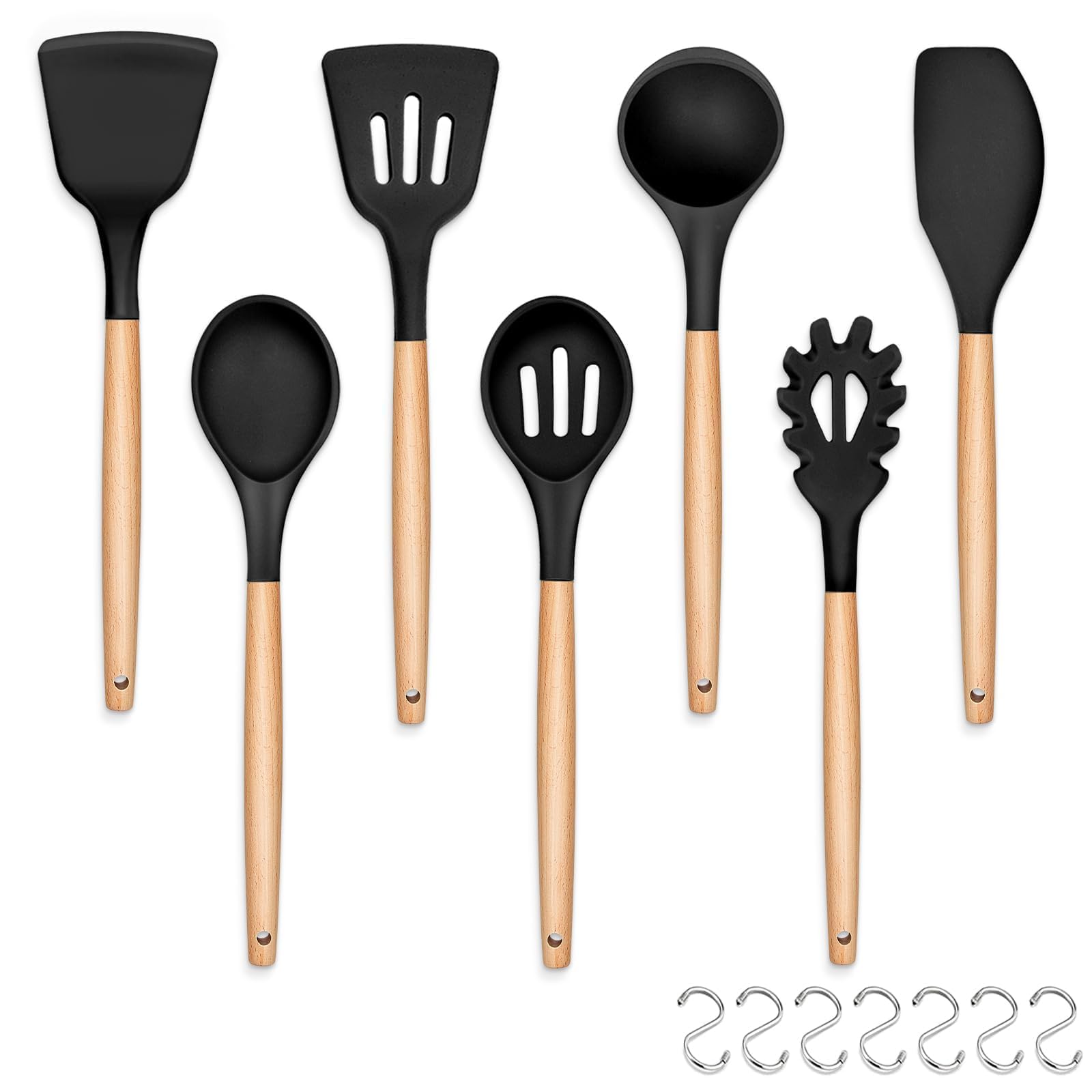 Kitchen Utensils Set, HaWare 7 Pcs Silicone Cooking Utensils with Wooden Handle, Includes Spatula/Ladle/Slotted Turner/Serving Spoon/Pasta Server, Non-Stick Cookware Friendly & Heat Resistant-Black