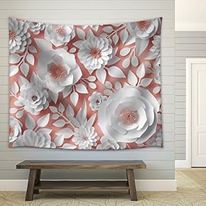 Illustration - 3D Render, Digital Illustration, White Paper Flowers, Bridal Bouquet - Fabric Wall Tapestry Home Decor - 51x60 inches