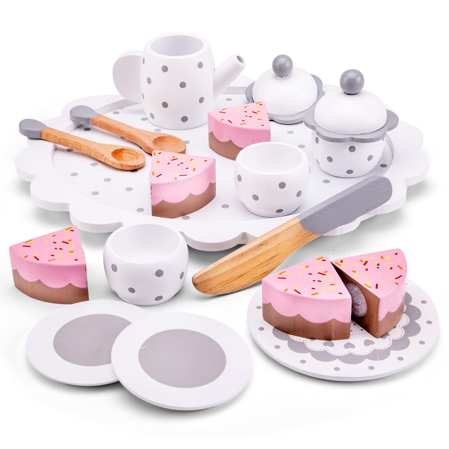 New Classic Toys 10621 Coffee/Tea Set with Cutting Cake-White, Wood