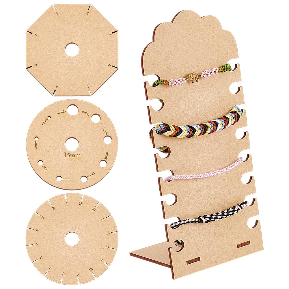 BENECREAT 5Pcs Wooden Bracelets Braiding Disc，5 Styles Beading Cord Disc, Rectangle Round Plate Hand Rope Braiding Disk for Friendship Bracelets Making, Craft DIY