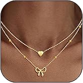 Gold Bow Necklace for Women 14K Plated Layered Bow Heart Pendant Necklace Trendy Dainty Heart Bow Choker Necklace Jewelry Gift for Women