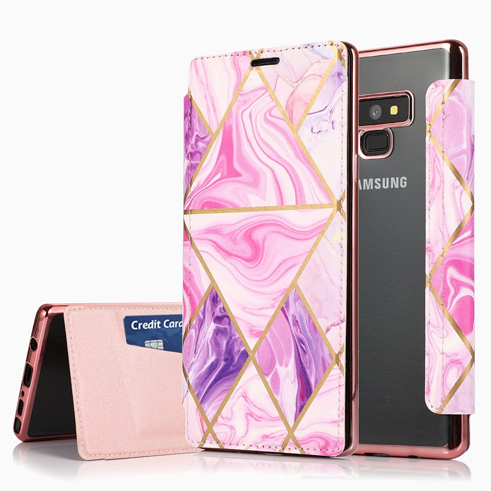 Samsung Galaxy Note 9 Case Wallet for Women Men Marble Flip Leather Cover Phone Case Purse with Card Holder Money Slot Samsung Note 9 Shockproof Case Thin Back Cover Small Phone Pouch Purple