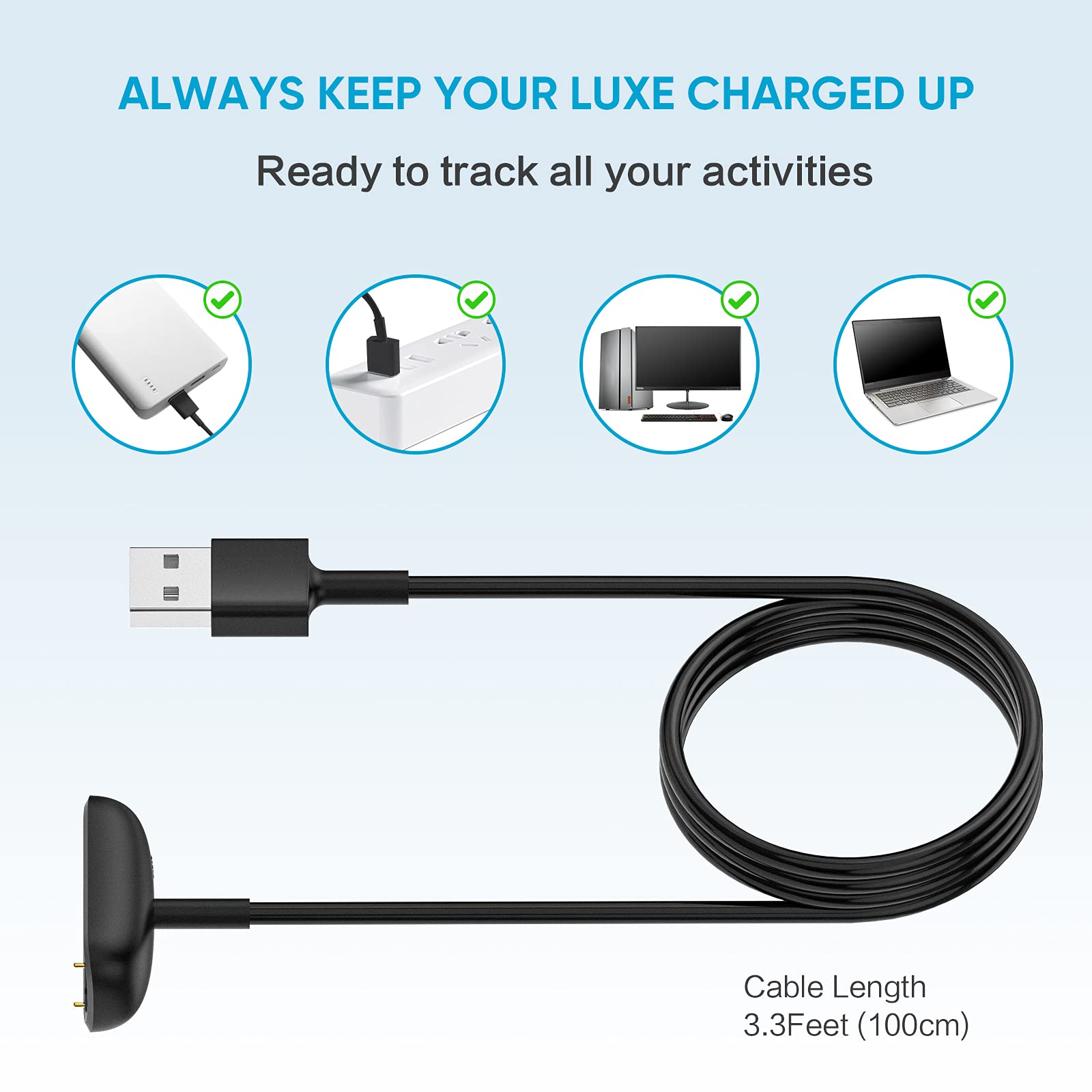 [2-Pack] Charger Cable for Fitbit Charge 6/Charge 5/Luxe, Replacement Charger for Fitbit Charge 6/Charge 5/Luxe (3.3 ft/1.6 ft)