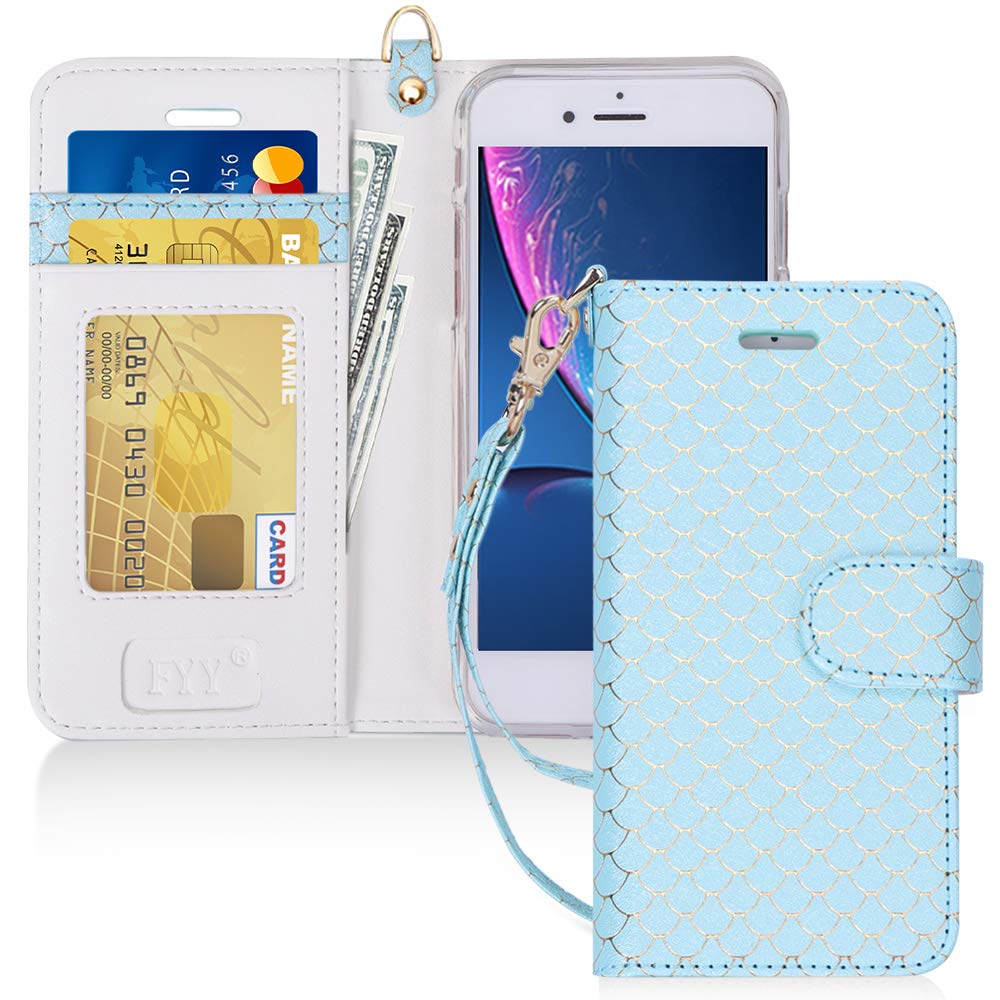FYY Designed for iPhone SE Case 2022 (3rd Gen) / iPhone SE Case 2020 (2nd Gen) / iPhone 7 Case/iPhone 8 Case, Luxury PU Leather Wallet Phone Case with Card Holder Flip Kickstand Cover Cyan