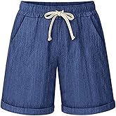 HOW'ON Women's Elastic Waist Casual Comfy Cotton Beach Shorts with Drawstring