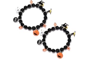 NVENF 2PCS Halloween Bracelets for Women Pumpkin BOO Ghost Charm Bracelets Black Bead Stretch Bracelet Set Costume Party Gifts