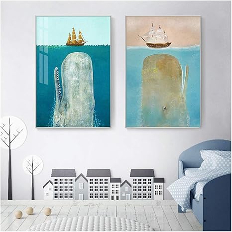 Amazon Co Jp キャンバスアートペインティングウォールプリントかわいい漫画の写真北欧のジンベイザメイルカの絵子供の家の装飾11 8 X15 7 30x40cm X2フレームなし ホーム キッチン