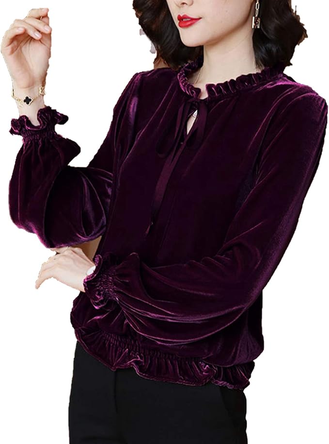 Blouses Autumn Winter Women Velvet Shirts Tops Vintage LongSleeved Bow