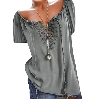 Dhyuen Frauen Sommer Boho Solide Kurzhülse Lose Shirts Lace Up Fashion Bluse