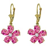 Galaxy Gold GG 14k Solid Gold Leverback Flower Earrings with Pink Topaz