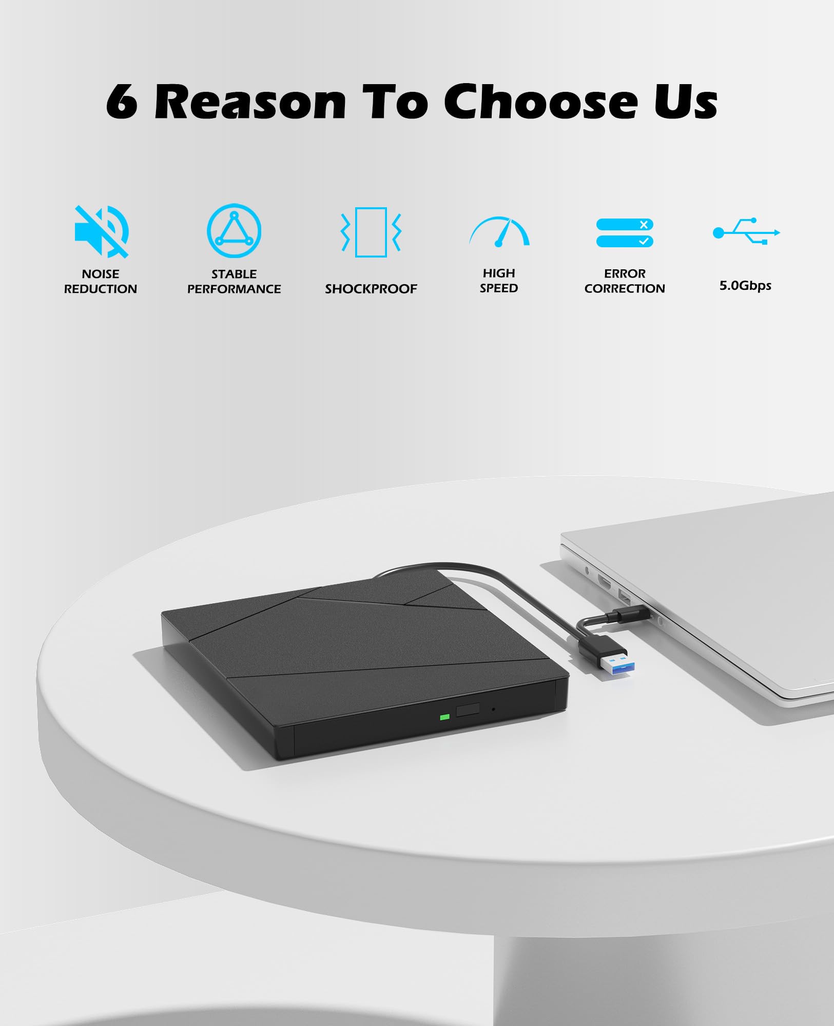 Wbacon External Blu-ray Drive, External Blueray/DVD Drive for PC External Bluray Burner with Extension Data Cable USB 3.0 Type-C Compatible with Windows/MacOS/Linux Laptop Desktop