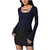 winkbay Women's Criss Cross Scoop Neck T Shirts Fall Bell Long Sleeve Fitted Ribbed Knit Going Out Tops