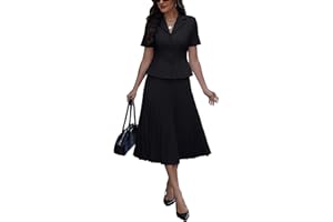 Ophestin Women's 2 Piece Blazer Outfits Short Sleeve Open Front Jacket High Waist Pleated Maxi Skirt Set for Business Church