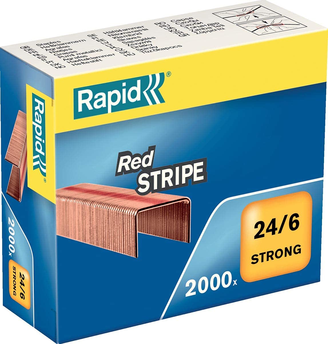 Rapid Red Stripe 24/6mm Staples, For Stapling up to 30 Sheets, Use with Desktop and Electric Staplers, Copper Plated, Box of 2000, 11700245