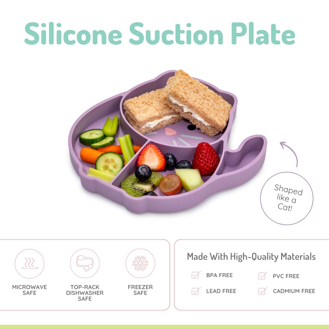 melii Divided Silicone Suction Plate for Babies and Toddlers – 100% BPA-Free, Dishwasher, Microwave Safe, Non-Toxic Baby Feeding Plate - Fits Most High Chairs, Age 6 Months - (Cat)