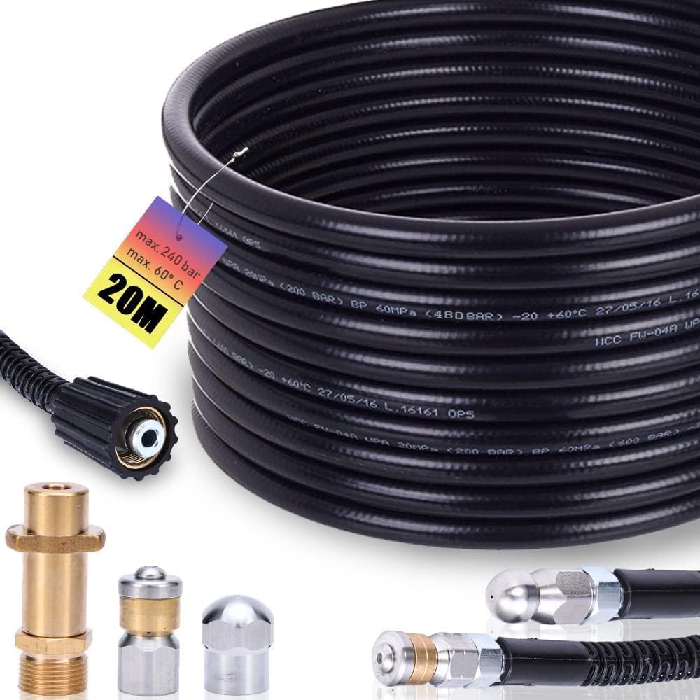 Pipe Cleaning Hose Set 20 m, 240 Bar Including M22 Adapter, Nozzles Rigid + Rotating for Kränzle Kärcher K2, K3, K4, K5, K6, K7 Pressure Washer Universal Pipe Cleaning Set High Pressure Hose