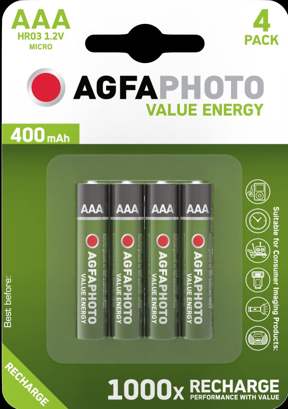 AGFA AAA RECHARGEABLE BATTERIES 400mAh Value Energy